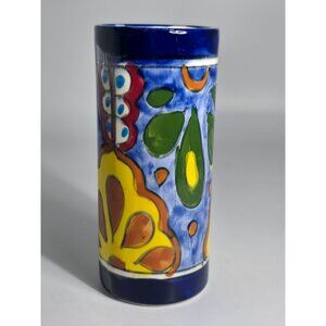 Hand Painted Mexican Talavera Ceramic Vase With Floral Design Vintage